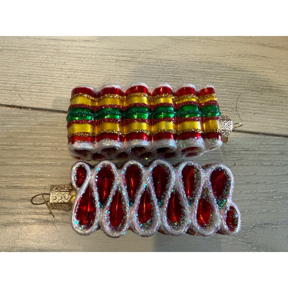 Old World Christmas Ribbon Candy Glass Ornaments Set of 2 Red Green Gold Glitter
